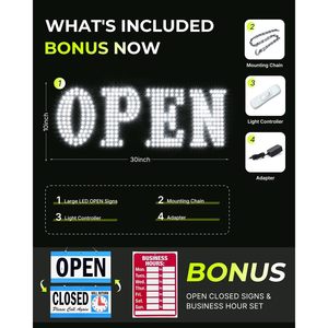 Enseigne LED ouverte 31x11 pouces, texte statique blanc, alimentation par prise, pour vitrine de magasin ou affichage en vitrine - Product Image 6