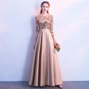 Hot sell 3d flower gown mother of the bride dresses gold champagne color satin evening gowns long purple party frock for women