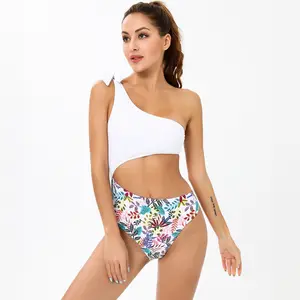 bright floral print bikini panelled Color Female one shoulder one- piece bikini swimsuit belted swimsuit super mini bikini