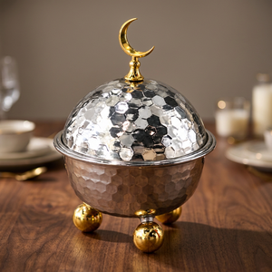 Luxury Carved Hammered Metal Eco-Friendly Date <b>Bowl</b> <b>with</b> Crescent <b>Lid</b> - Product Image 2