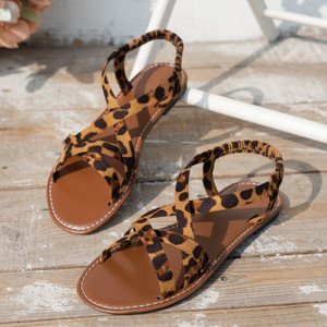 Women Leopard Print Flat <b>Sandals</b> Crisscross Straps <b>Elastic</b> Back Ankle Strap Summer Casual Ladies Shoes - Product Image 2