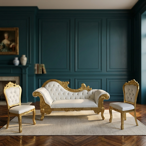 Victorian Style Gold Frame Blue Fabric <b>Sofa</b> Set with Two Chairs Stackable & Eco-Friendly for Commercial Hotel Use - Product Image 3