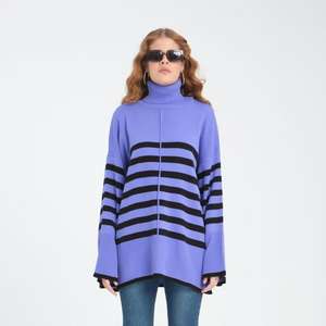 عارضة الخريف الشتاء جرس كم دافئ اليومية في الهواء الطلق البلوز محبوك المرأة المتضخم مخطط الياقة المدورة سترة متماسكة - Product Image 4