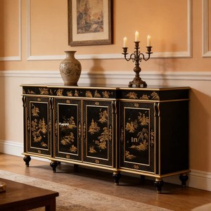 Meuble <span class=keywords><strong>d</strong></span>'<span class=keywords><strong>entrée</strong></span> en bois massif noir et or style rétro, quatre portes, structure intégrée, rangement pour salon et <span class=keywords><strong>entrée</strong></span> - Product Image 1