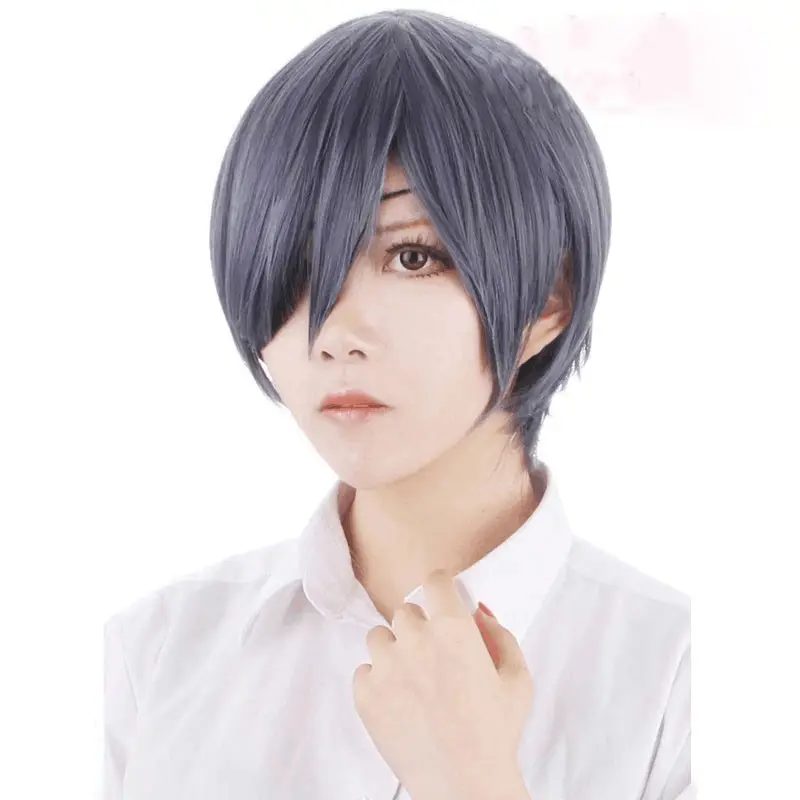 Anime Black Butler Kuroshitsuji Ciel Phantom hive Perücken Grau Blau Mix Kurzes synthetisches Haar Cosplay Perücke Schwarz Augenklappe