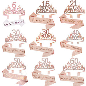 Set Corona e Fascia di Compleanno Oro Rosa con Strass e Foglie, Decorazioni per Feste per Ragazze e Donne WB075 - Product Image 1