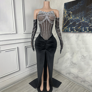 ノバンスY3708-Bカスタムドレス工場ブラックウエディングドレスボールガウンレディエレガントヴィンテージグリッターラグジュアリーガラドレス手袋付き - Product Image 1