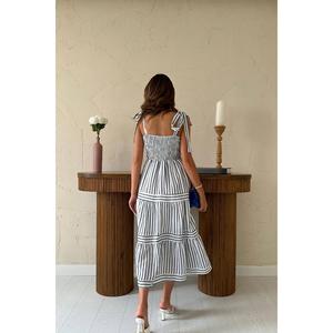 เดรสทรงเอลายทางสีน้ำเงินกรมท่า ขายส่ง เอวสม็อค ไร้สายรัด ระบายอากาศได้ดี ผ้าทอ สวมใส่สบายๆ ทุกวัน - Product Image 2