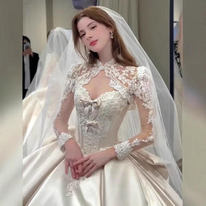 Robe de mariée bustier en satin à deux voiles, longueur ras du sol, en dentelle, coupe trapèze, nouvelle collection 2025, texture haut de gamme, traîne longue, style rétro, cérémonie, 100% coton, haute qualité - Product Image 1