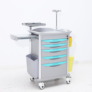 Chariot médical d'urgence Hochey Medical ABS à <span class=keywords><strong>5</strong></span> <span class=keywords><strong>tiroirs</strong></span>, chariot de premiers secours pour hôpital avec poteau pour perfusion intraveineuse - Product Image 1