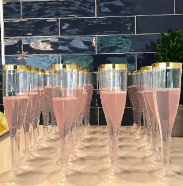 Copas de champán de plástico desechables, vasos de plástico transparente PS en oro y plata