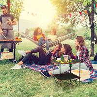 Table de pique-nique de camping ronde pliante en tissu Oxford avec 4 poches en maille Tube d'acier carré portable personnalisé pour jardin extérieur