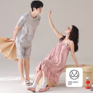 Pijamas de Pareja de Verano, Camisón de <span class=keywords><strong>Tirantes</strong></span> de Algodón Puro, Lindo para Mujer, Talla Grande, Traje de Casa de Manga Corta para <span class=keywords><strong>Hombre</strong></span>, Primavera y Otoño - Product Image 4