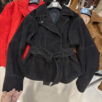 Veste en cuir véritable à épaules tombantes pour femme, ceinturée, style vintage, en daim véritable, pour l'automne