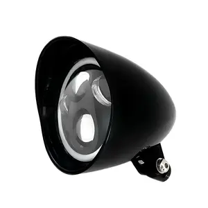 Cincin LED Hitam Peluru Tri Bar, Lampu Depan Sepeda Motor 5.75 Inci untuk Pembalap Harley Sportster Dyna Cafe