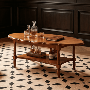 Table basse vintage française à 2 niveaux en bois, bord festonné avec pieds tournés pour salon - Product Image 4
