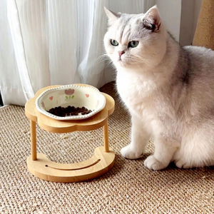 Cute Wooden Elevated Pet <b>Bowl</b> Stand with Heart Pattern <b>Ceramic</b> Dish for Indoor Pet - Product Image 1
