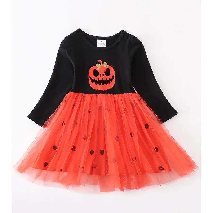 Customize ODM OEM Black Orange Tulle Baby dress HALLOWEEN PUMPKIN ORANGE DOT DRESS Kids Girl Dress Up Game