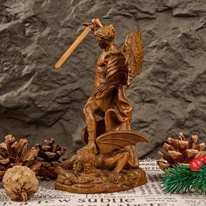 Estatua de Madera del Arcángel Miguel, Escultura <span class=keywords><strong>Redonda</strong></span> Completa, Ángel Guerrero de Boj que Derrota al Mal para la <span class=keywords><strong>Iglesia</strong></span> Cristiana y Decoración del Hogar - Product Image 4