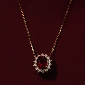 Elegant 14K Gold Plated Garnet Necklace 925 Sterling Silver Oval Ruby Crystal Pendant Necklace