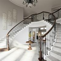 Escalier moderne haut de gamme à double rampe courbée avec balustrade en acier inoxydable et marches en bois massif pour villa et hôtel