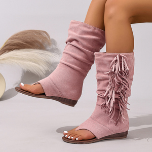 <span class=keywords><strong>Bottes</strong></span> mi-mollet à talon compensé pour femme, style européen et américain, nouvelle collection printemps-été, en faux daim, avec pompon, légères et respirantes, couleur <span class=keywords><strong>beige</strong></span> - Product Image 3