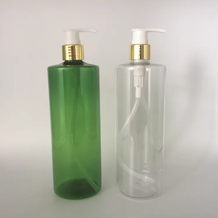 Plastic PET 500ml / 16 oz lotion bottle with gold color lotion pump cap for cosmetic, shampoo, shower gel, body wash
