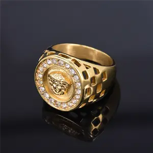 Anillo de acero de titanio para hombre, joyería religiosa, Retro, cabeza de anciano, chapado en oro, anillo de fundición de diamantes