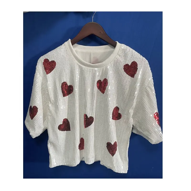 2024 Día de San Valentín Camisas de lentejuelas Top Girl Lentejuelas Camiseta corta Mujeres Corazón Lentejuelas Crop Top