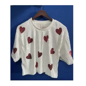 2024 Valentine's Day Sequin Shirts Top Girl Sequins Short T shirt Women Heart Sequins Crop Top