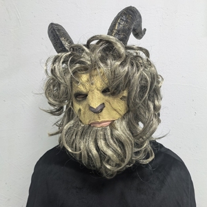 Masque intégral en latex <span class=keywords><strong>de</strong></span> créature féroce, thème amusant et original, peau jaunâtre, cornes foncées, cheveux bouclés, barbe texturée réaliste, doux - Product Image 6
