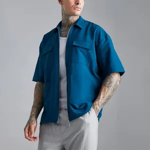 Camisa de trabajo con cremallera personalizada para hombre, camisa de doble bolsillo con cremallera, cuello con cremallera