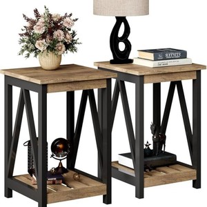 Wood And <b>Iron</b> Side <b>Table</b> With Shelf Farmhouse Style Coffee <b>Table</b> For Living Room - Product Image 5