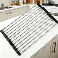 Égouttoir à vaisselle pliable moderne en acier inoxydable 304/201 OEM avec égouttoir en silicone, rangement de cuisine peu encombrant