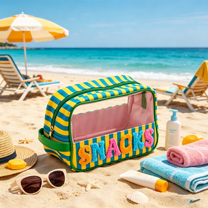 Bolsa de Maquillaje Portátil de Viaje al por Mayor, Organizador de Cosméticos Transparente de PVC con Rayas de Chenilla y Letras, para Playa - Product Image 6