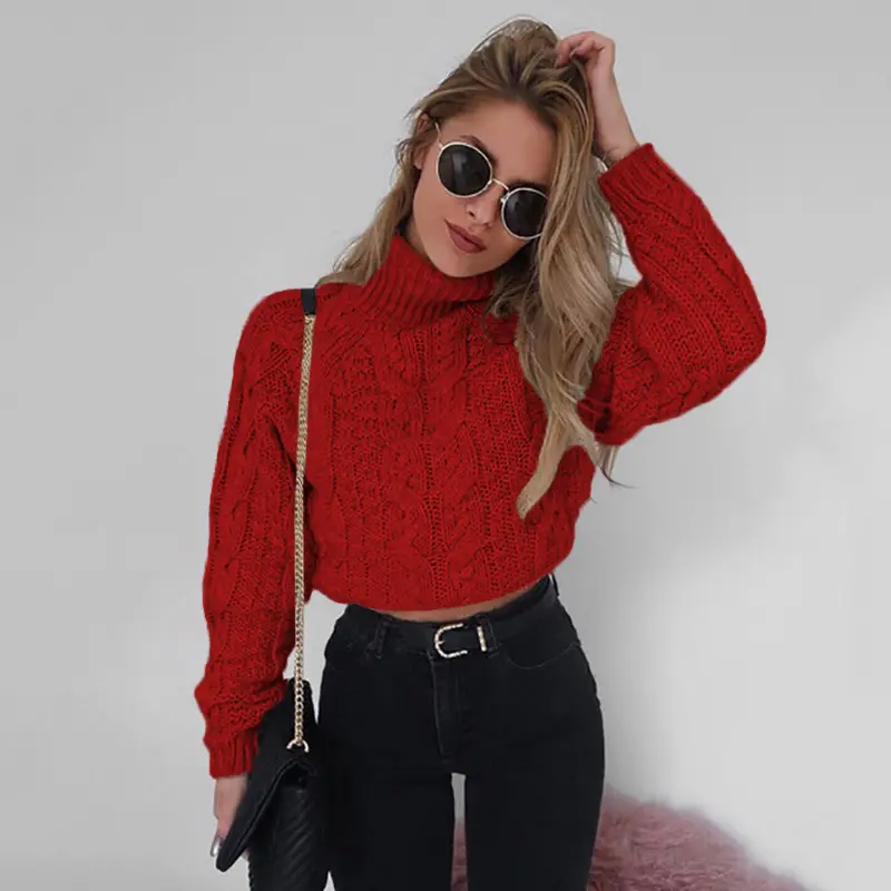 Autumn And Winter Solid Color Turtleneck Lady Knit Cropped Short Women Sweater Pullovers