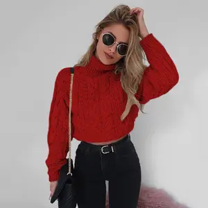 Penjualan terlaris Musim Dingin 2024 warna Solid Turtleneck wanita rajut potongan pendek Sweater wanita pakaian pullover