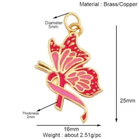 Émail espoir coeur cancer du sein sensibilisation ruban pendentif à breloque, véritable 18K plaqué or collier Bracelet bijoux à bricoler soi-même fournitures S37