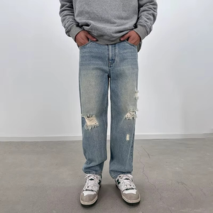 Jean décontracté pour homme 100% coton coupe droite, délavage enzymatique et effet vieilli, style Hip Hop, tissé, coupe régulière, haute qualité - Product Image 1