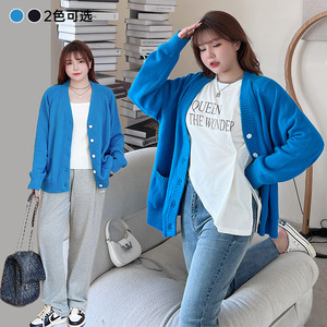 เสื้อคาร์ดิแกนถักสำหรับผู้หญิงไซส์ใหญ่ คอวี สีพื้น แขนยาว มีกระเป๋า สีฟ้า ใยโพลีเอสเตอร์ N8472 - Product Image 2