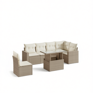Conjunto de Sofá de Jardín de Ratán Beige con Estructura de Acero y Vidrio Templado, Muebles de Exterior para 6 Personas, Diseño Contemporáneo - Product Image 1