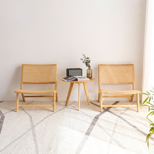 Rattan Woven Solid Wood Chair With Backrest 70x66x73 Cm Scandinavian Style Dining Chair Natural Wood Color - Product Image 1