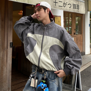 Oem/ODM 500gms Retro tương phản nối đứng lên cổ áo khoác cho nam giới và phụ nữ của hợp thời trang lỏng bóng chày áo khoác - Product Image 2