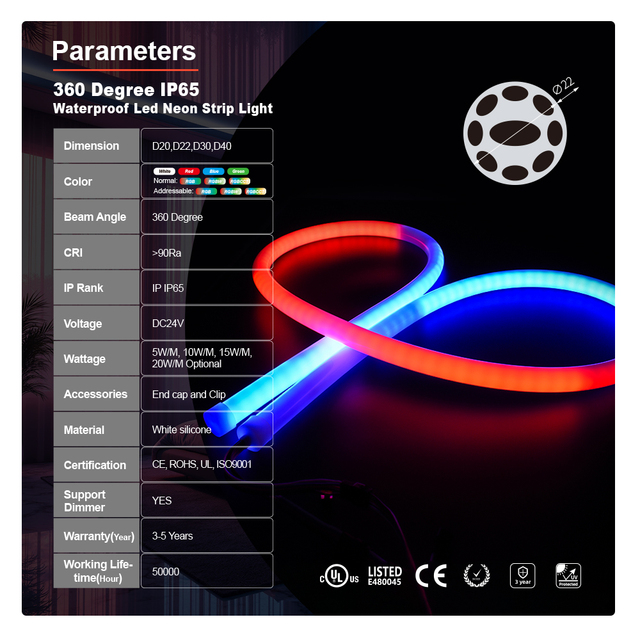 Programmable Addressable IP65 Waterproof DC24V 360-degree Round LED Flexible Silicone RGB Warehouse Neon Light Strip