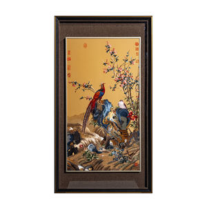 Premium Zarif El Yapımı Çin Tarzı Suzhou İşlemeli Çevre Dostu Bahar Muhteşemliği Duvar Sanatı Altın Tavus Kuşları Lüks - Product Image 1