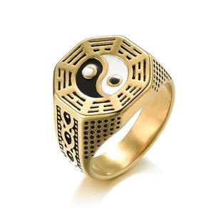 Bague Personnalisable en Acier Inoxydable pour Homme Yin <span class=keywords><strong>Yang</strong></span> <span class=keywords><strong>Tai</strong></span> <span class=keywords><strong>Chi</strong></span> Motif Gravé <span class=keywords><strong>Style</strong></span> Vintage Argent Plaqué Or pour Mariage - Product Image 2