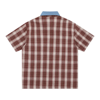 Kemeja Pria Vintage Plaid dengan Kerah Denim, Logo Custom, Lengan Pendek, Kancing Depan, Katun Tebal, Atasan Kasual Pria