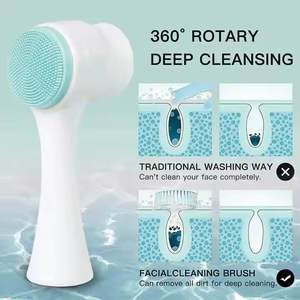 Brosse nettoyante visage 3D double face rose/bleue 13 cm, poils doux, nettoyage en profondeur des pores, brosse manuelle en silicone pour la maison - Product Image 3