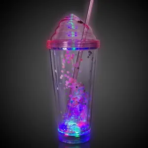 Custom Light up Cups LED Flashing Cups Double Walled LED Glowing Travel Cup With Straw