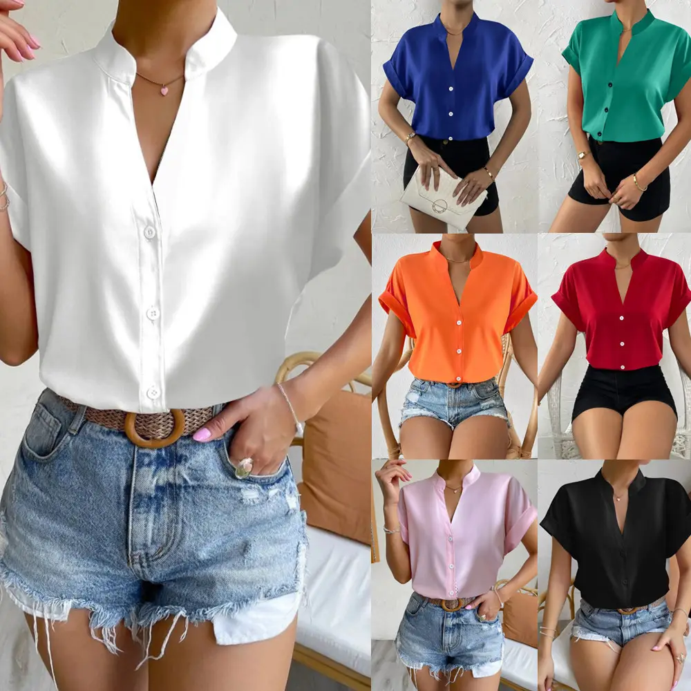 Rabatt Verkauf Lady Casual Kurzarm T-Shirts mit V-Ausschnitt Frauen Sommer Button Up Bluse